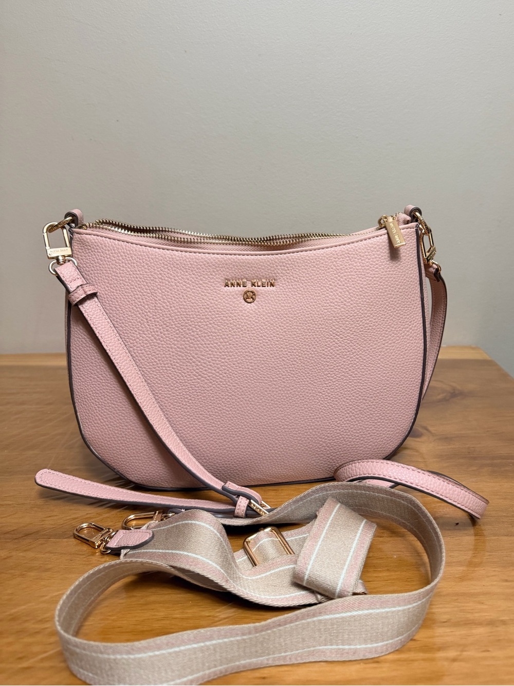 Anne Klein Blush Pink Pebbled Crossbody Bag with Gold Hardware